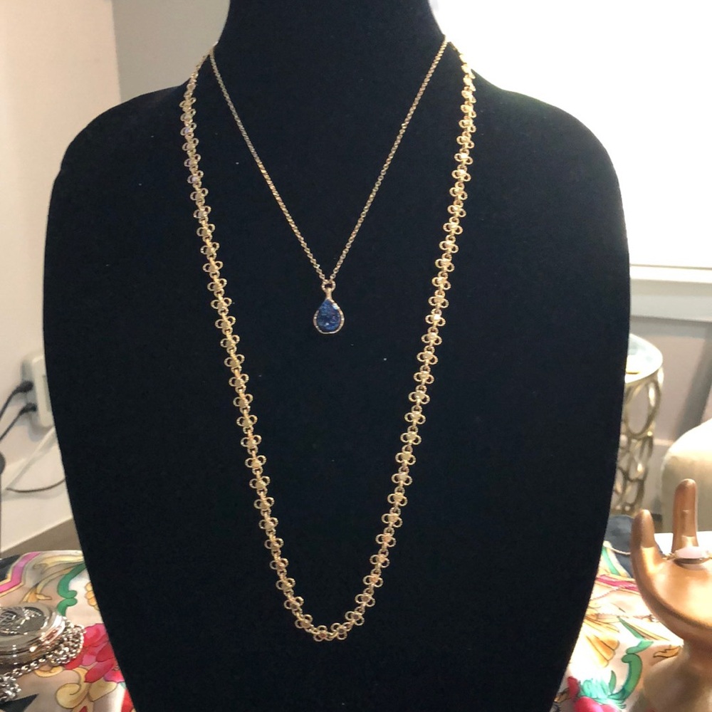 Ann Taylor Elegant Gold Necklace with blue druzy necklace Pendant NEW NO BOX